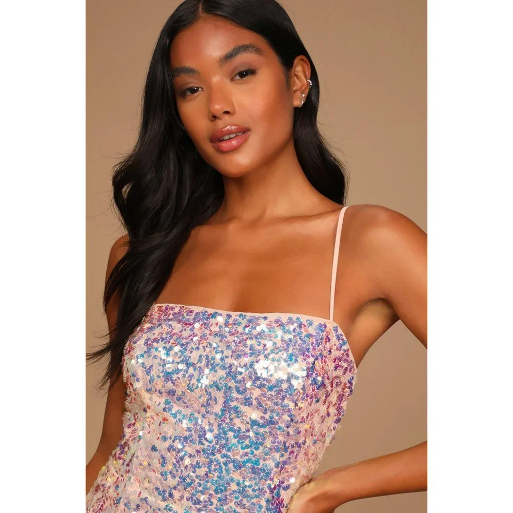NWT Bringing the Sparkle Blush Iridescent Sequin Bodycon Mini Dress - Picture 4 of 11